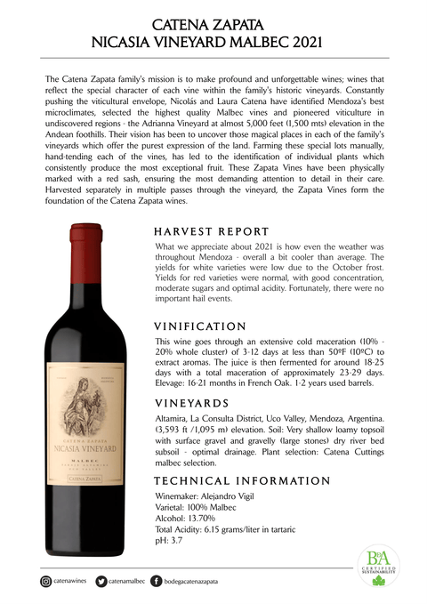 Catena Zapata Nicasia Vineyard Malbec 2021